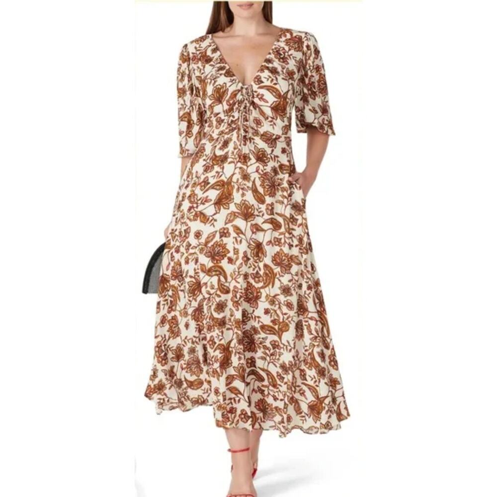 NICHOLAS Printed Danielle‎ Dress Midi Length Women's Size 4 Cream Orange Floral